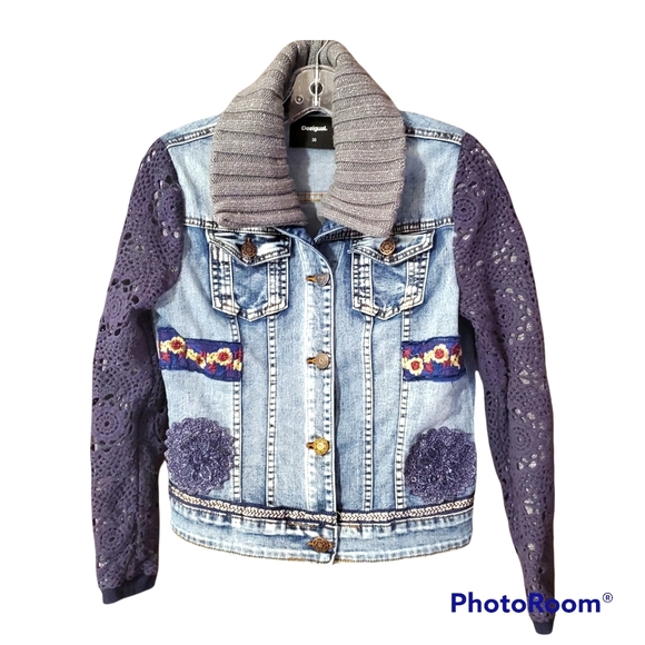 Desigual Jackets & Blazers - Desigual jean jacket with crochet knit overlay removable collar size 38